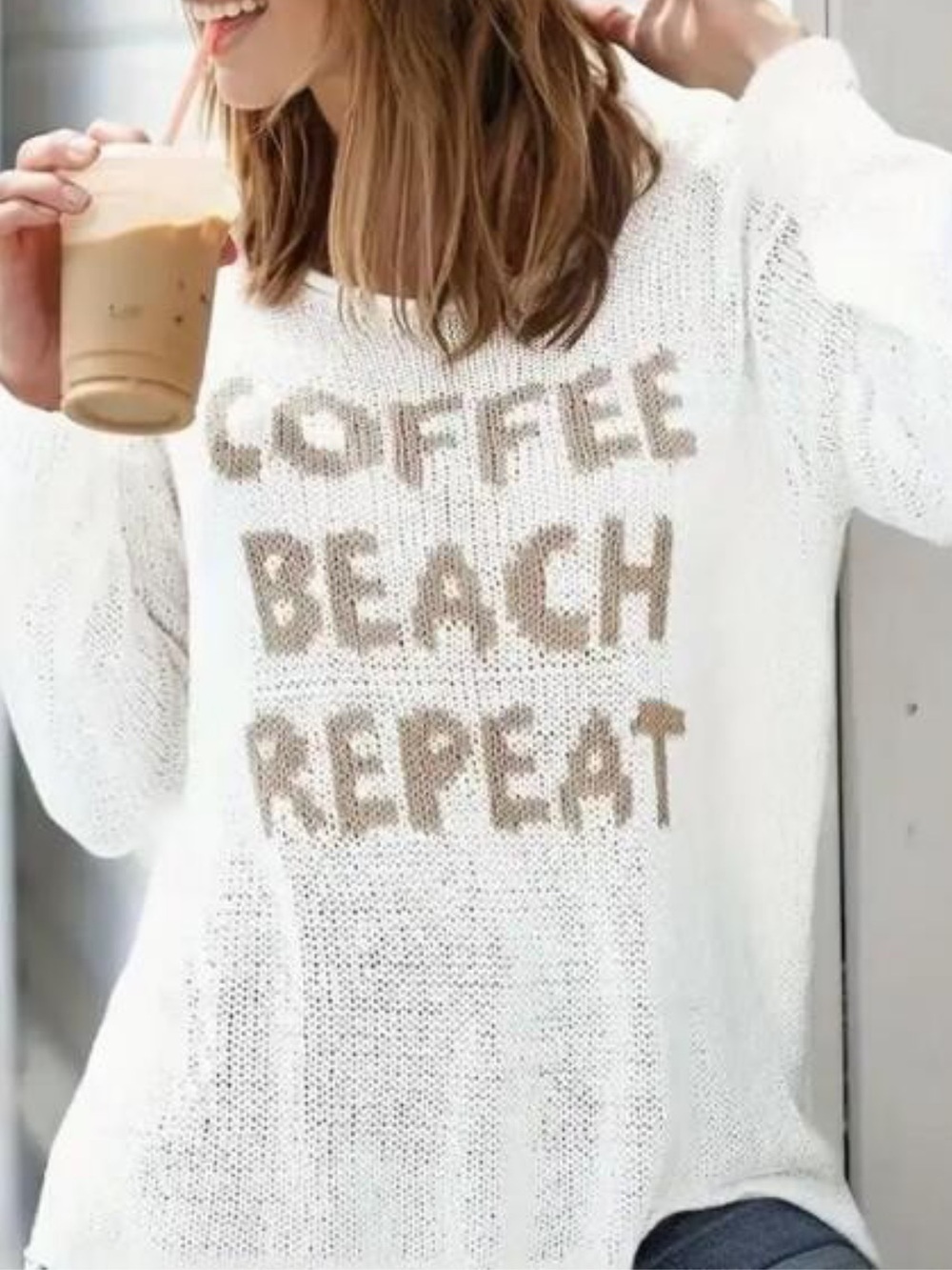 ShopEvelynne White Knit Sweater with Beige Lettering